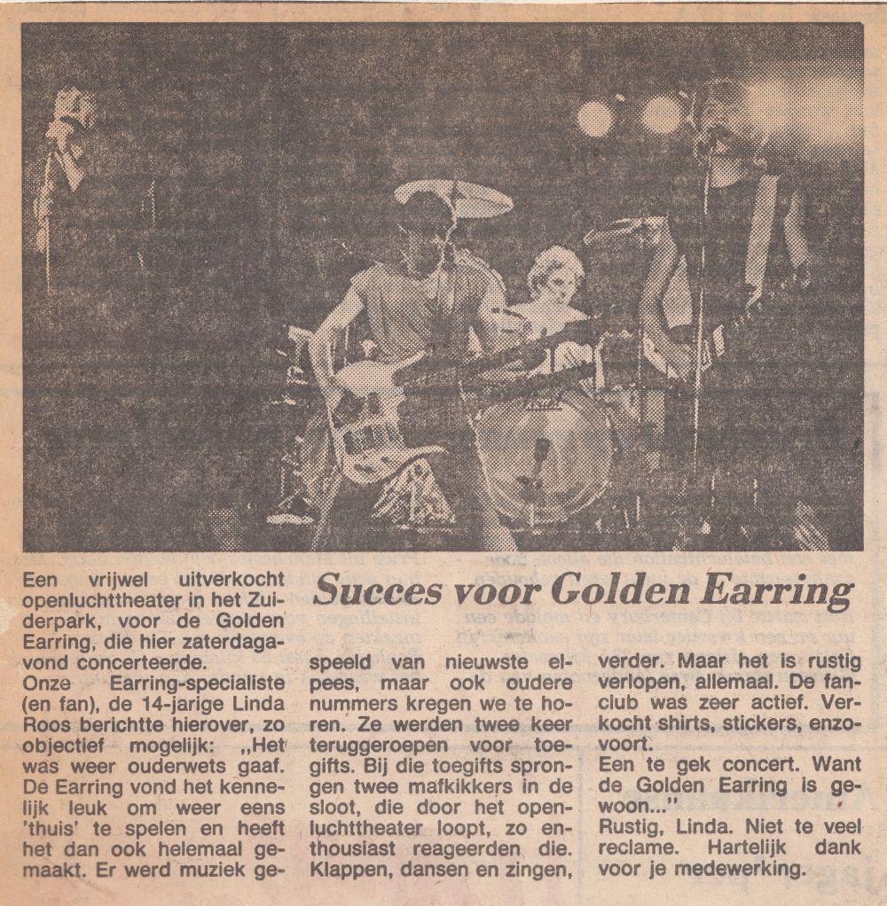 Newspaper article Golden Earring Den Haag show review August 1980